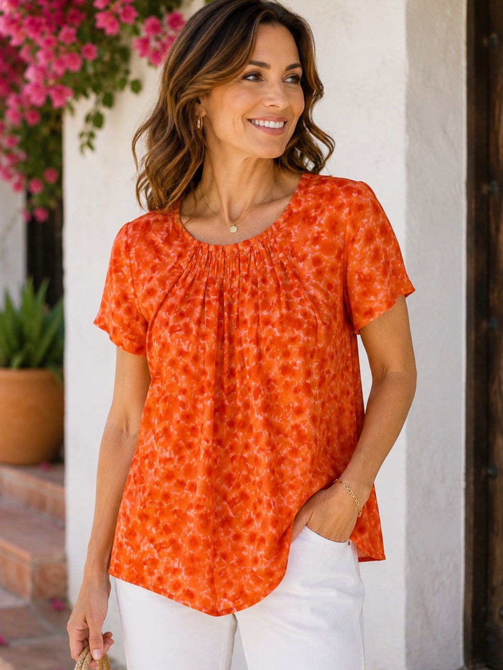 Banana Republic Silk Print Blouse Petite Orange Short Sleeve Top Medium